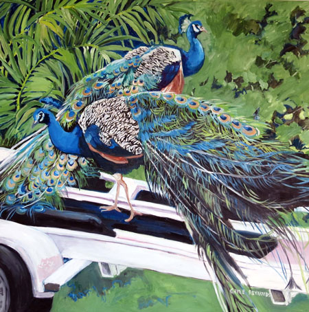 Artwork title 'Peacocks and Boat Trailers (or, My Tail is Longer Than Your Tail)' - Contact The Water's Edge Studio and Gallery for price and availability - gayle at galvestonwatersedge dot com