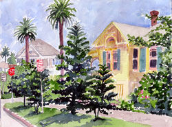 Artwork title 'Norfolk Pines on Twelfth' - Contact The Water's Edge Studio and Gallery for price and availability - gayle at galvestonwatersedge dot com